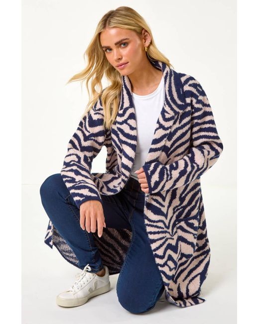Roman Petite Blue Animal Print Knit Coatigan