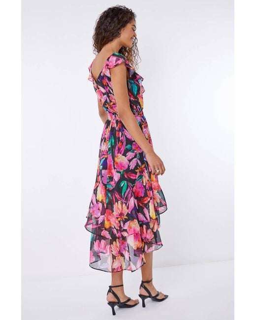 Roman Black Floral Shirred Waist Chiffon Ruffle Midi Dress