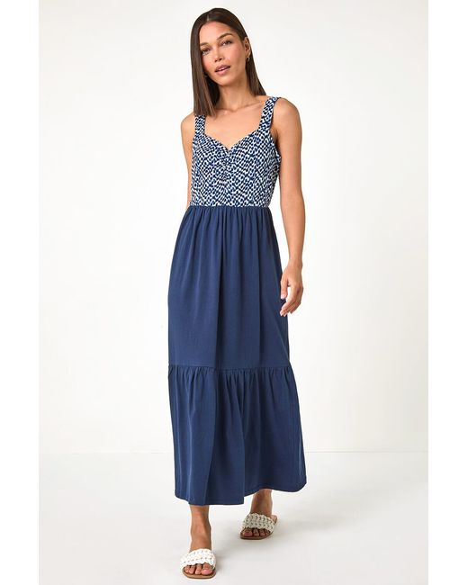 Roman Blue Abstract Cotton Tiered Midi Dress