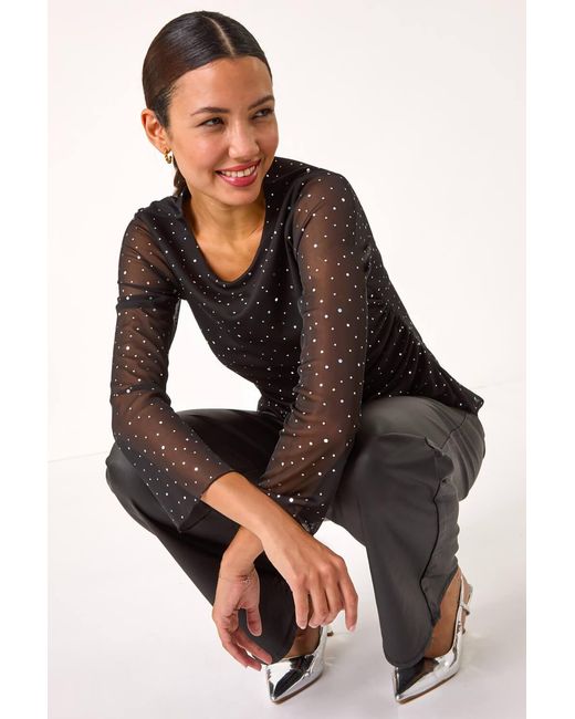 Roman Black Sequin Spot Mesh Ruched Top