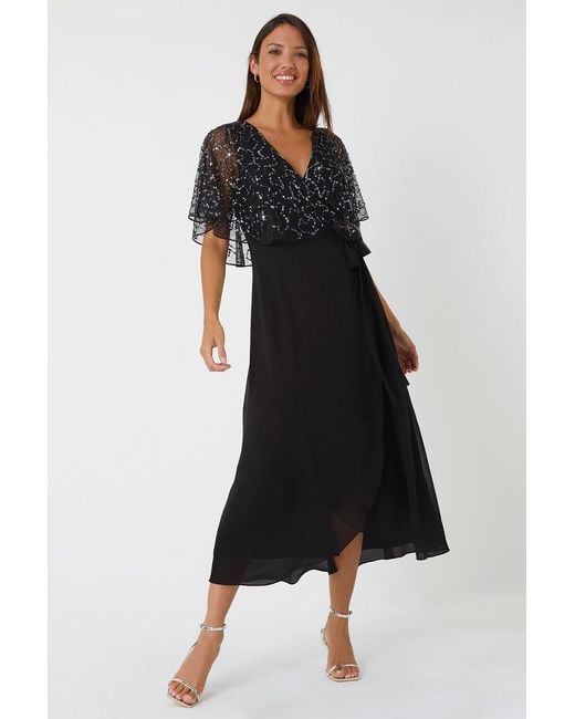 Roman Black Sequin Embellished Chiffon Wrap Maxi Dress