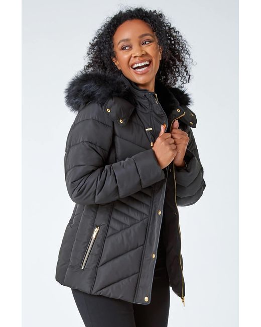 Roman Petite Black Faux Fur Hood Puffer Coat