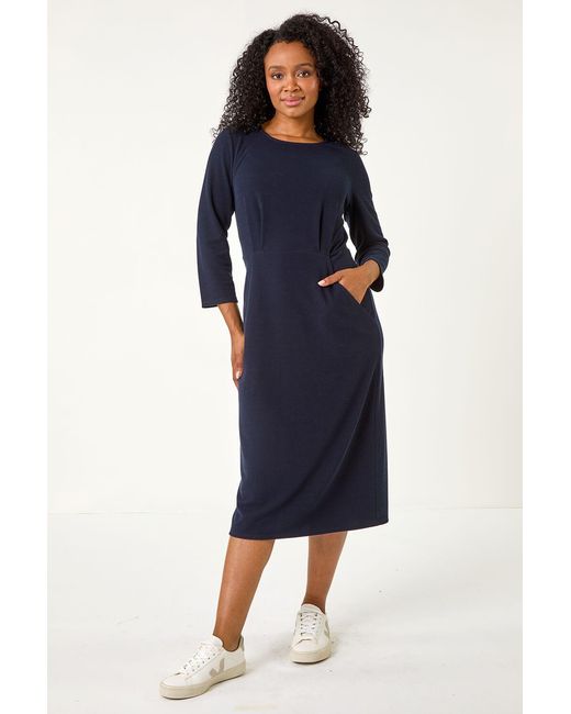 Roman Petite Blue Ribbed Pocket Detail Midi Dress