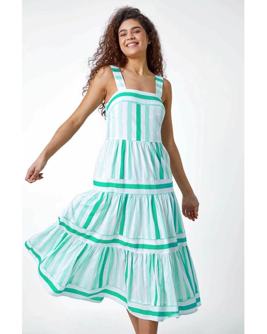 Roman Blue Cotton Stripe Print Tiered Maxi Dress