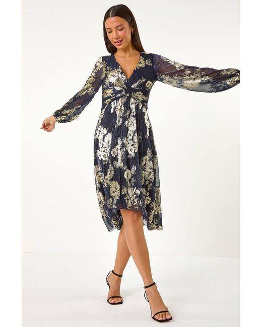 Roman Black Foil Print Twist Front V-Neck Plisse Dresss