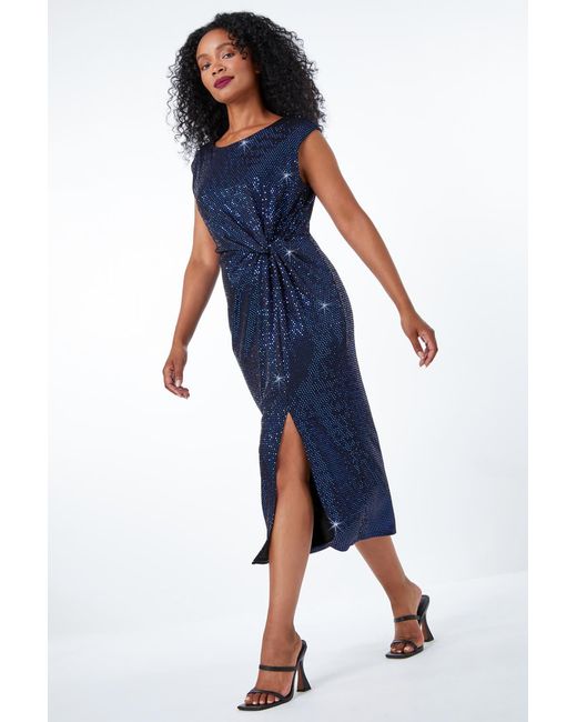 Roman Petite Blue Ruched Glitter Midi Dress