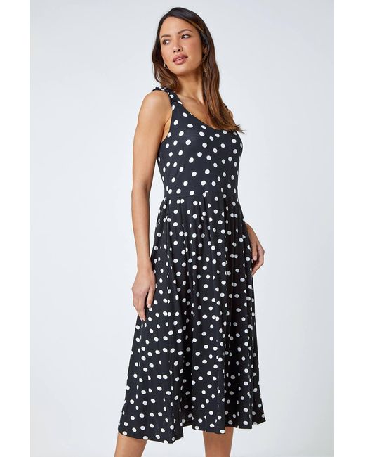 Roman White Sleeveless Polka Dot Midi Stretch Dress