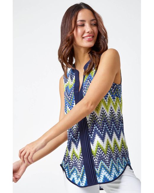 Roman Blue Zig Zag Notch Neck Jersey Top