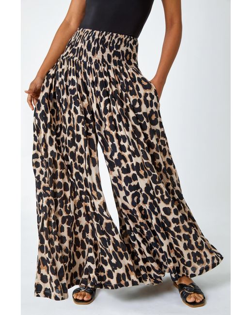 Roman White Animal Shirred Palazzo Stretch Trouser
