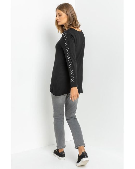 Roman Black Eyelet Embellished Sleeve Jersey Top