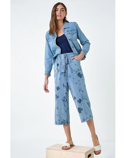 Roman Blue Floral Print Culotte Trousers