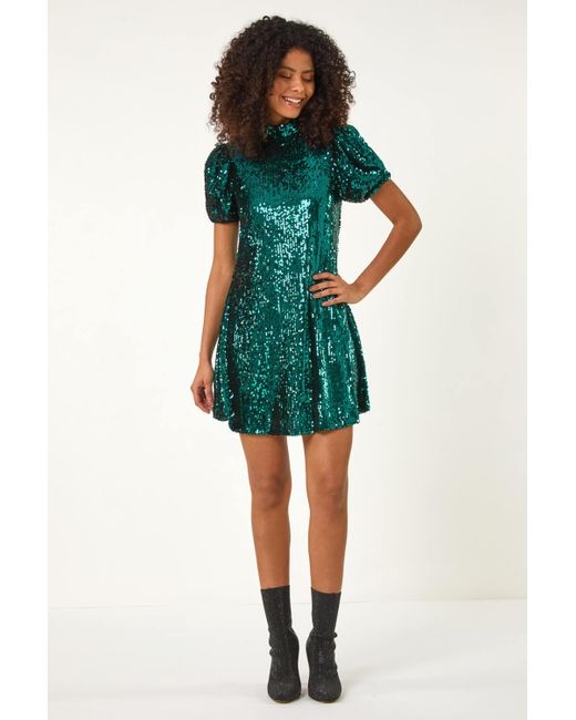 D.u.s.k Sequin Puff Sleeve Stretch Shift Dress in Green | Lyst UK
