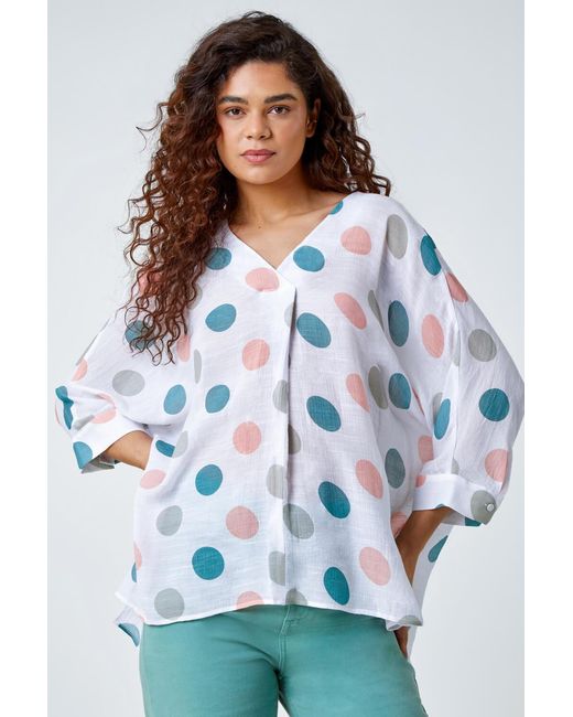 Roman Blue Polka Dot Print Pleat Front Top