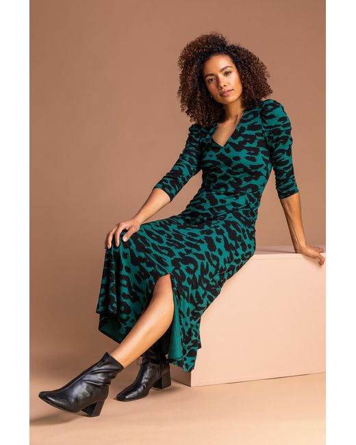 Roman Blue Leopard Print Fit And Flare Midi Dress