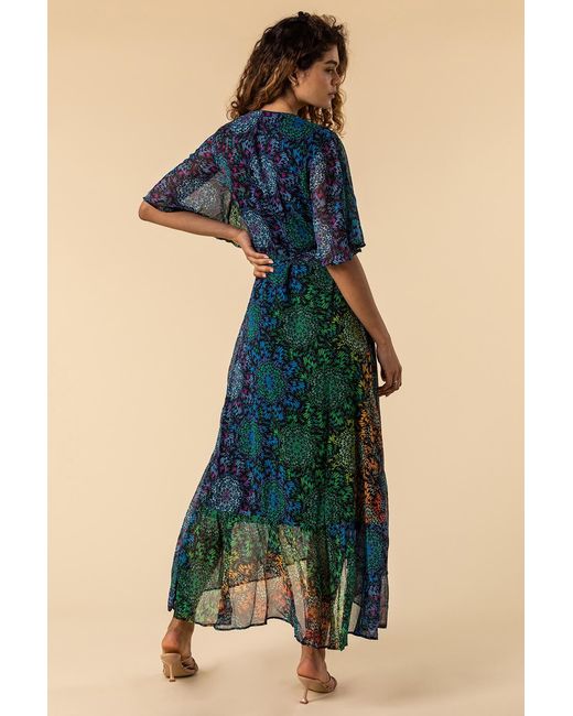 Roman Blue Abstract Print Maxi Wrap Dress