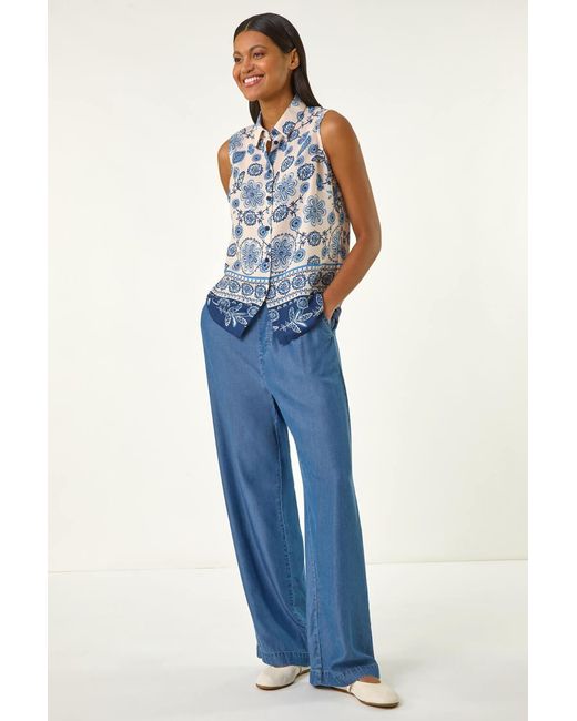 Roman Blue Border Print Collared Blouse