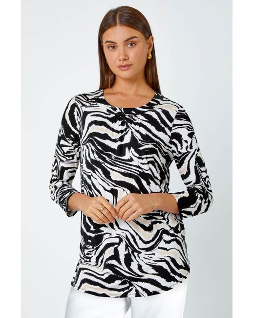 Roman Black Animal Print Pleated Stretch Top