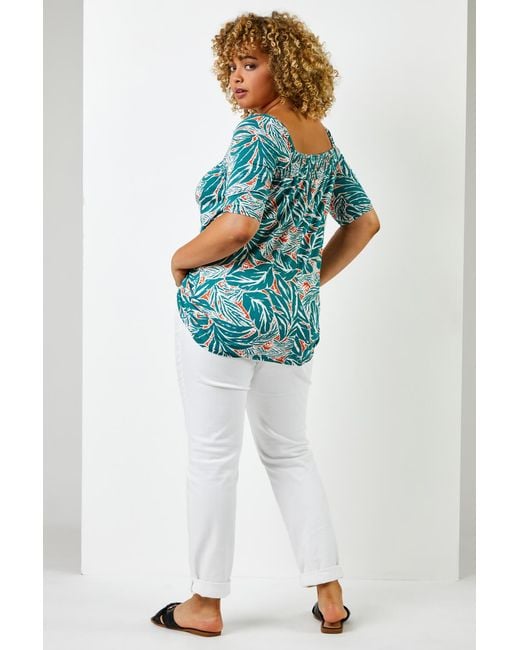 Roman Curve Green Tropical Print Shirred Detail Tunic Top