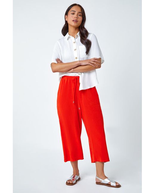 Roman Red Petite Linen Mix Wide Cropped Trousers