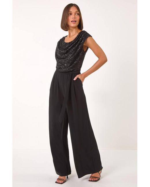 Roman Black Sequin Bodice Cowl Neck Jumpsuit