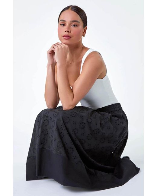 Roman Black Petite Cotton Broderie Midi Skirt