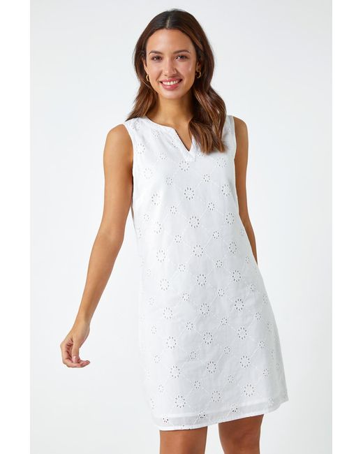 Roman White Embroidered Cotton Shift Dress
