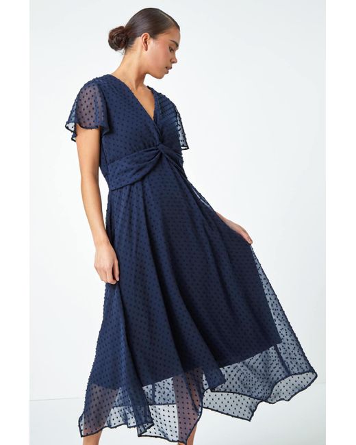 Roman Blue Petite Textured Spot Twist Front Midi Dress