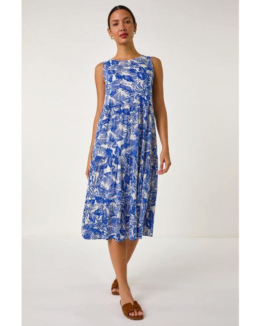 Roman Blue Leaf Print Tiered Smock Midi Dress