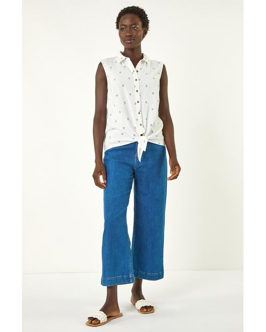 Roman Blue Embroidered Tie Hem Blouse