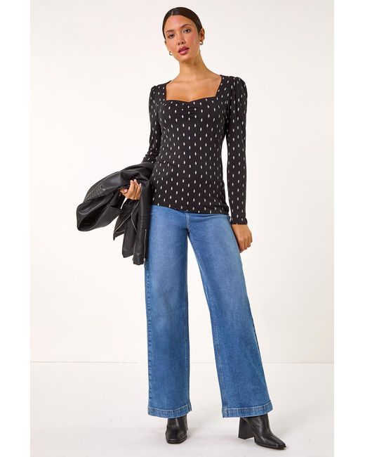 Roman Blue Sweetheart Neck Print Stretch Tunic Top