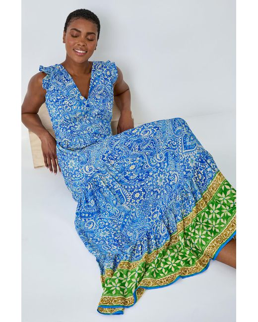 Roman Blue Paisley Frilled Border Print Maxi Dress
