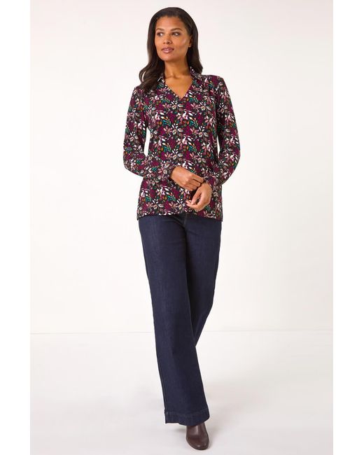 Roman Blue Leaf Print Collared Stretch Top