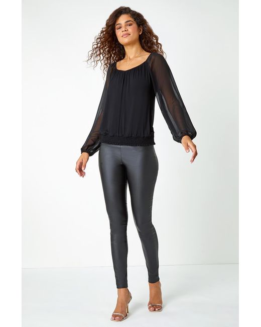 Roman Black Chiffon Sleeve V-Neck Bubble Hem Stretch Top