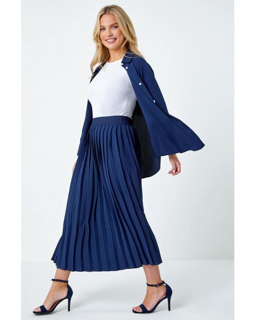 Roman Blue Petite Plain Pleated Midi Skirt