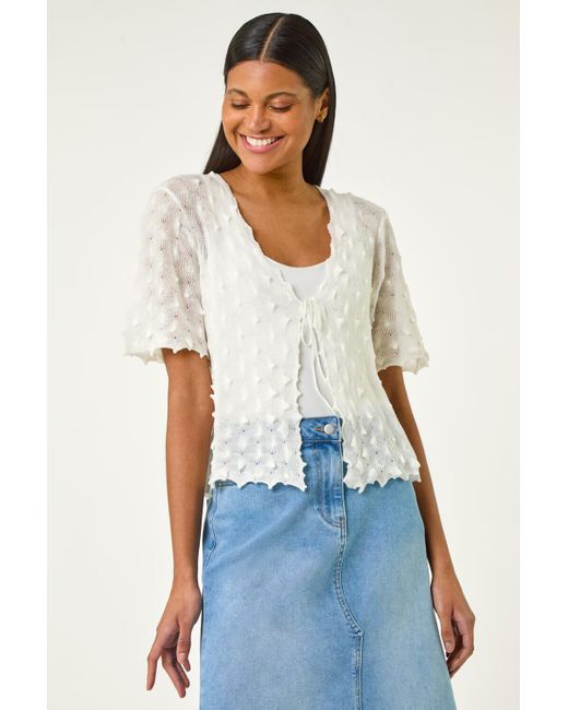 Roman White Textured Tie Front Shrug