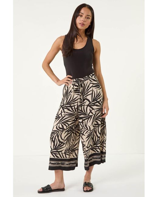 Roman Petite Black Leaf Border Print Tie Waist Culottes