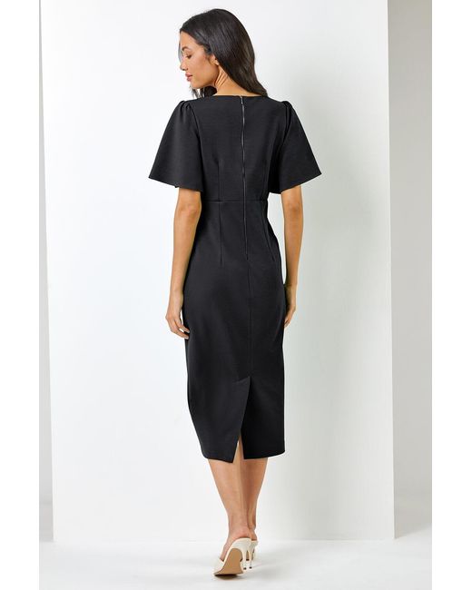 Roman Black Gathered Wrap Front Midi Dress