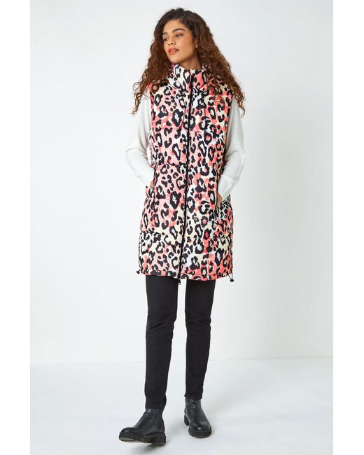 Roman White Animal Print Longline Hooded Gilet