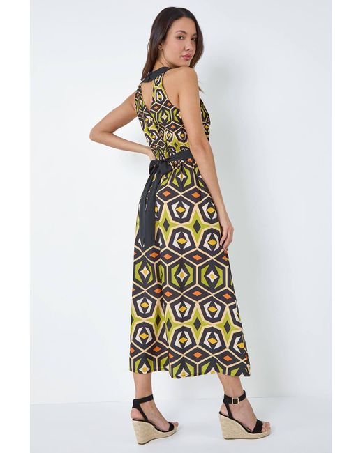 Roman Multicolor Geometric Print Halter Neck Maxi Dress