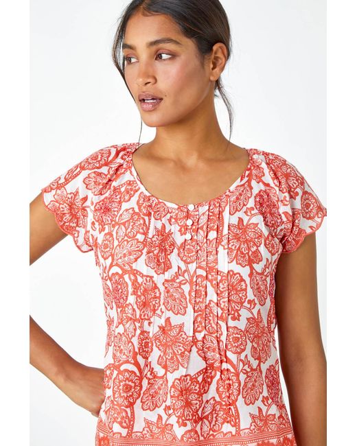Roman Red Floral Print Cotton Top