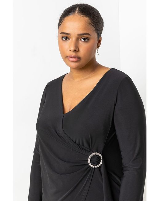 Roman Curve Black Wrap Diamante Buckle Top
