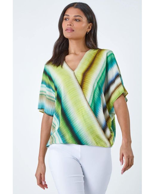 Roman Green Tie Dye Stripe V-Neck Wrap Top