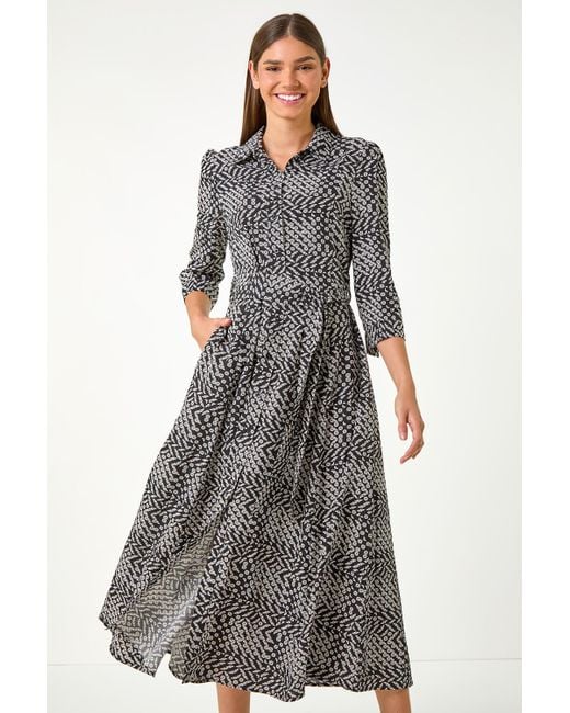 Roman Gray Geometric Print Tie Waist Midi Shirt Dress