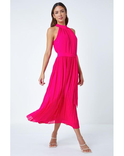 Roman Pink Halterneck Pleated Maxi Dress