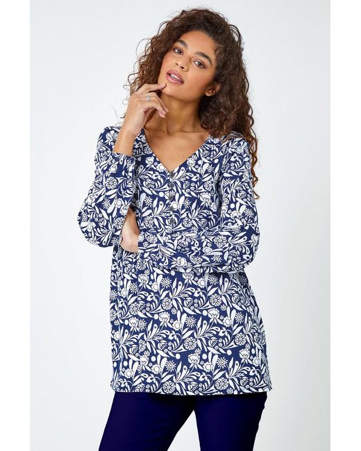 Roman Blue Floral Print V-Neck Tunic Smock Stretch Top