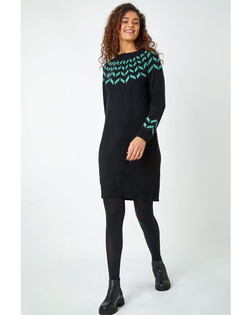 Dark Grey Nordic Print Knitted Jumper Dress