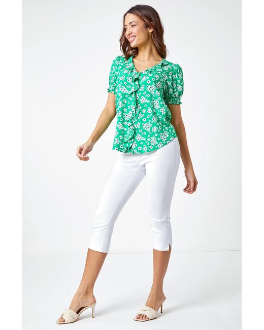 Roman Green Ditsy Floral Print Ruffle Top