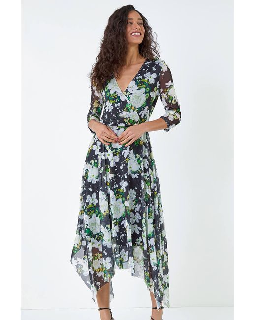 D.u.s.k White Abstract Stretch Mesh Hanky Hem Wrap Dress