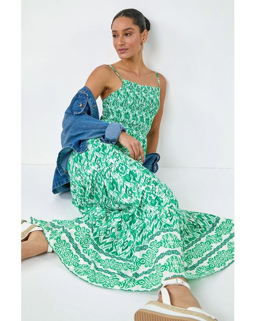 D.u.s.k Green Aztec Border Print Shirred Maxi Dress