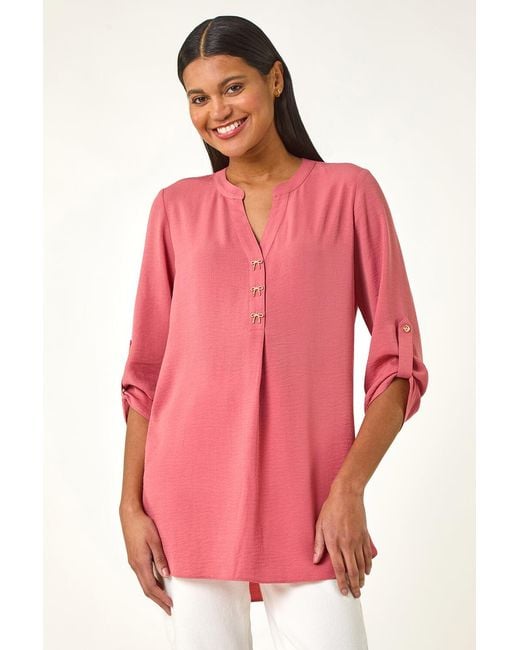 Roman Red Longline Bow Button Tunic Top